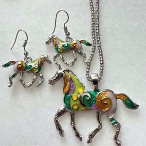 Enamel Fashion Horse Earrings and Pendant Necklace Set